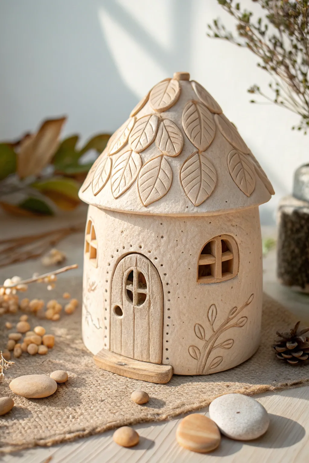 Simple clay fairy house with pebbles and pressed texture, minimalist and kid friendly charm