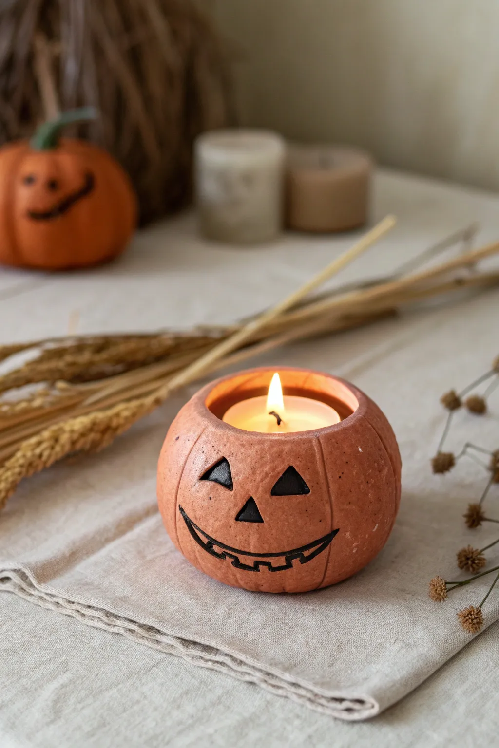 Sweet clay pumpkin tea light holder with a glowing cutout face for cozy autumn nights.