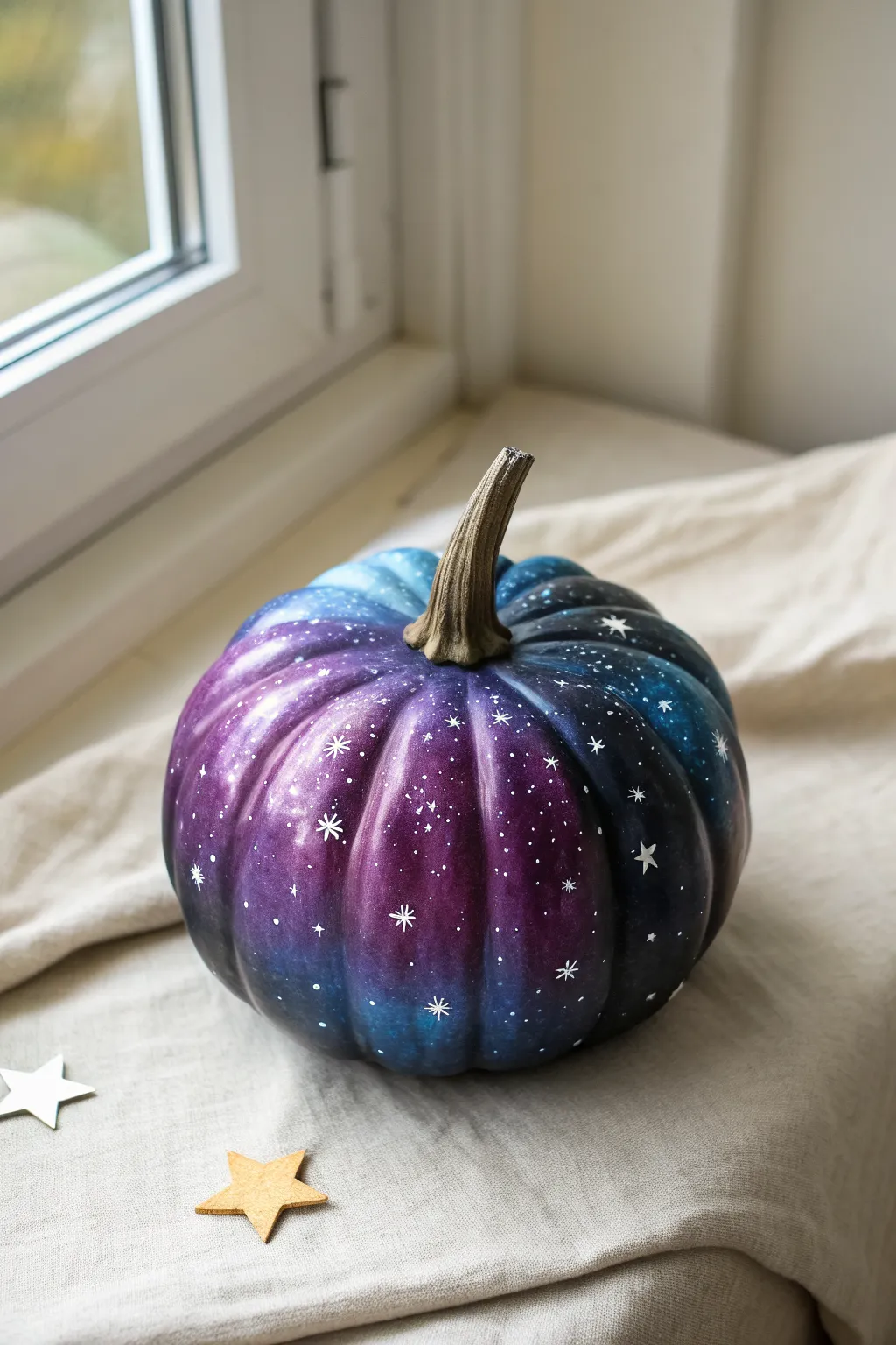 Dreamy galaxy-swirl ceramic pumpkin with speckled stars, a simple paint idea for fall