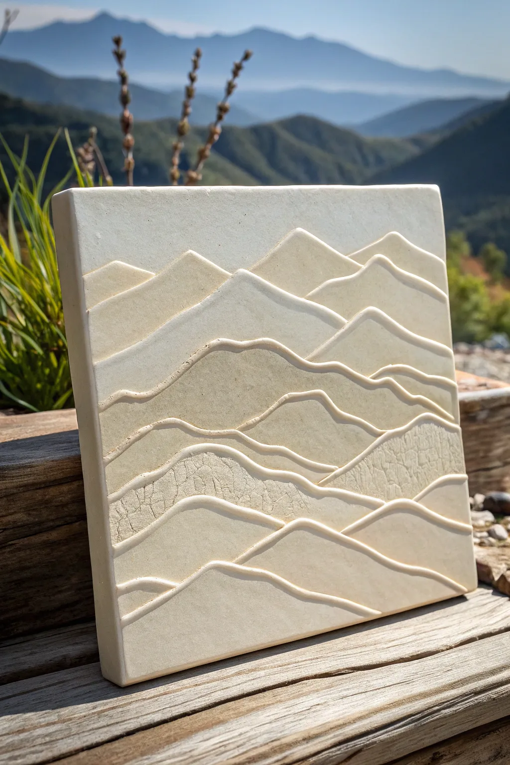 Layered mountain relief tile with soft shadows, minimalist clay art for cozy interiors.
