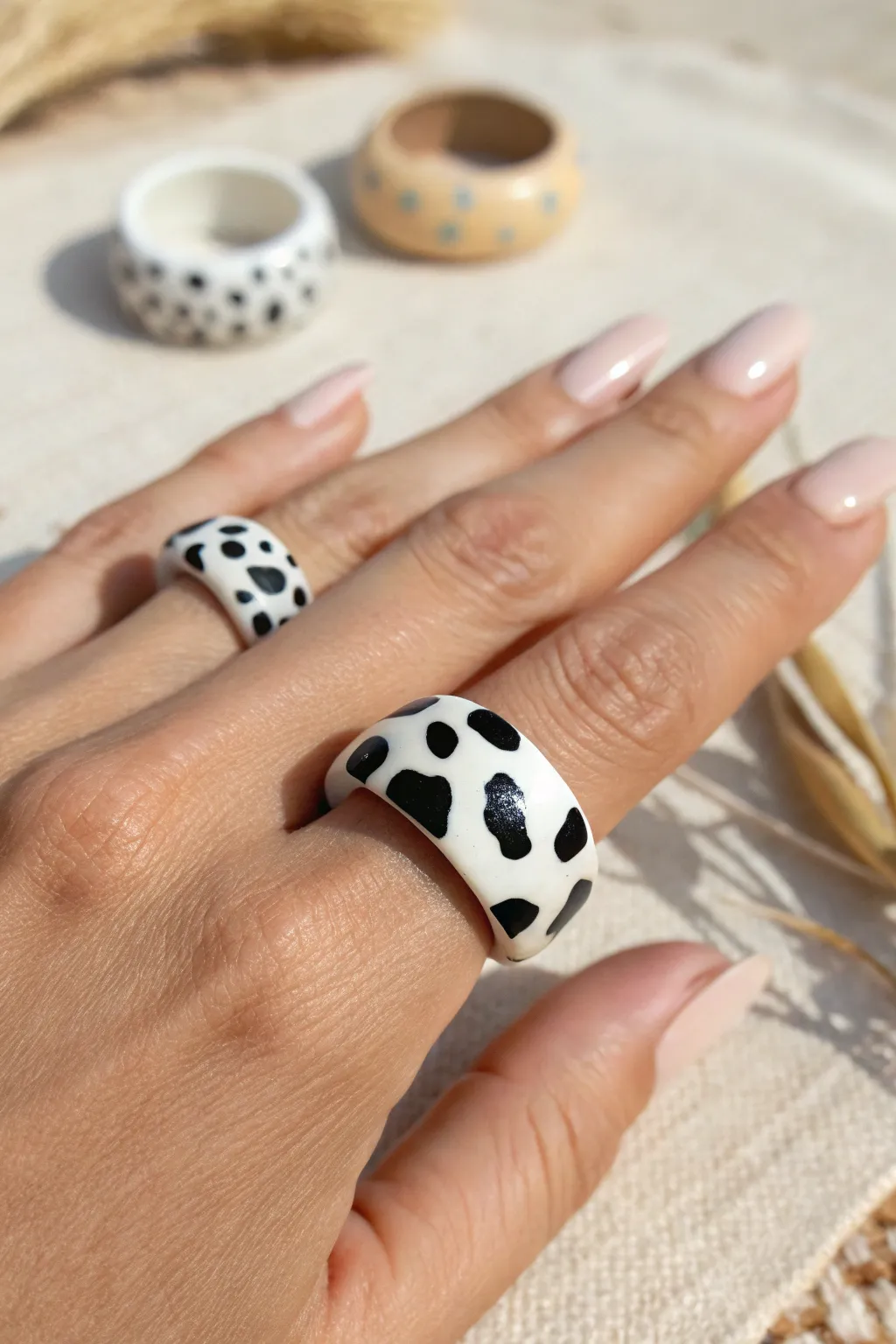 Chunky cow print clay ring with bold spots, minimalist yet playful, perfect for easy DIY inspo