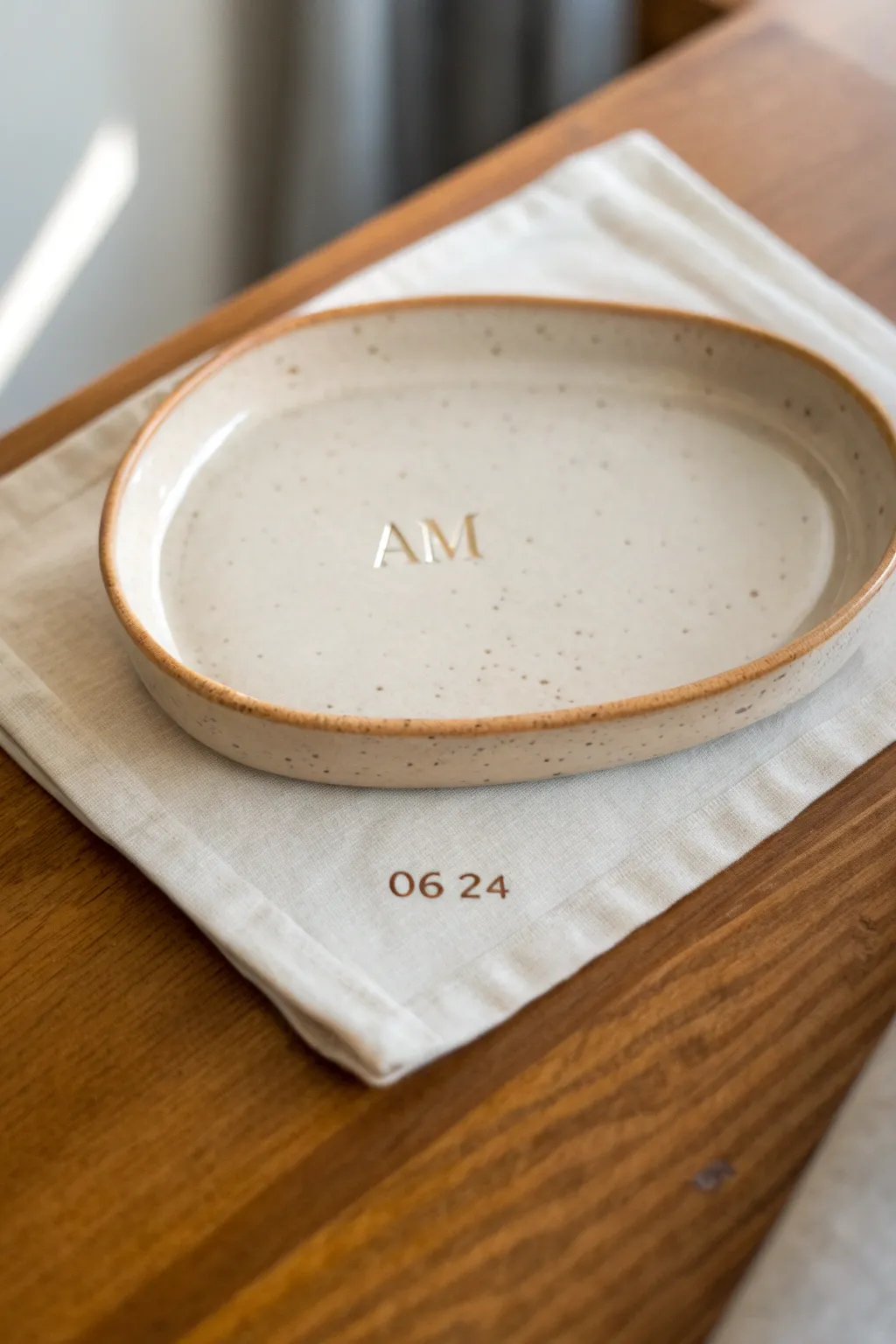 Giftable clay rolling tray with softly carved initials and date, minimal boho warmth.