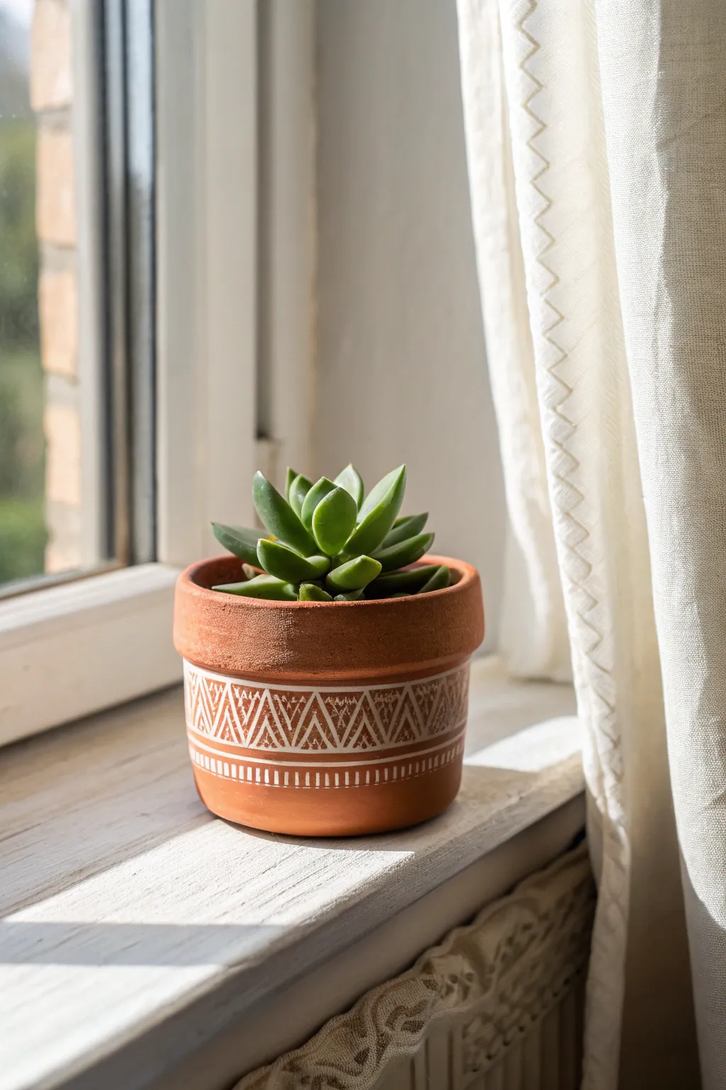 Mini clay succulent planter on a sunny sill, earthy tones and delicate carving for calm decor.
