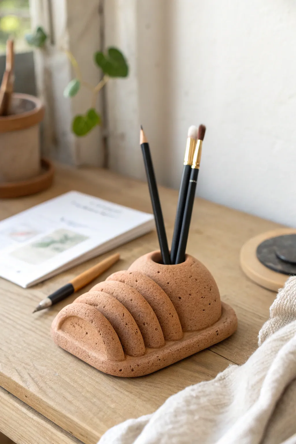 Beginner-friendly clay worm rest, minimalist and playful, keeping pen and brush tidy.