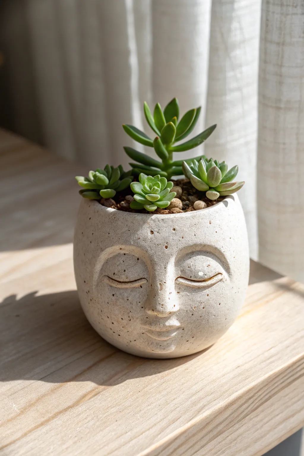 Minimal face planter with closed eyes, styled in soft window light for calm boho Scandi vibes