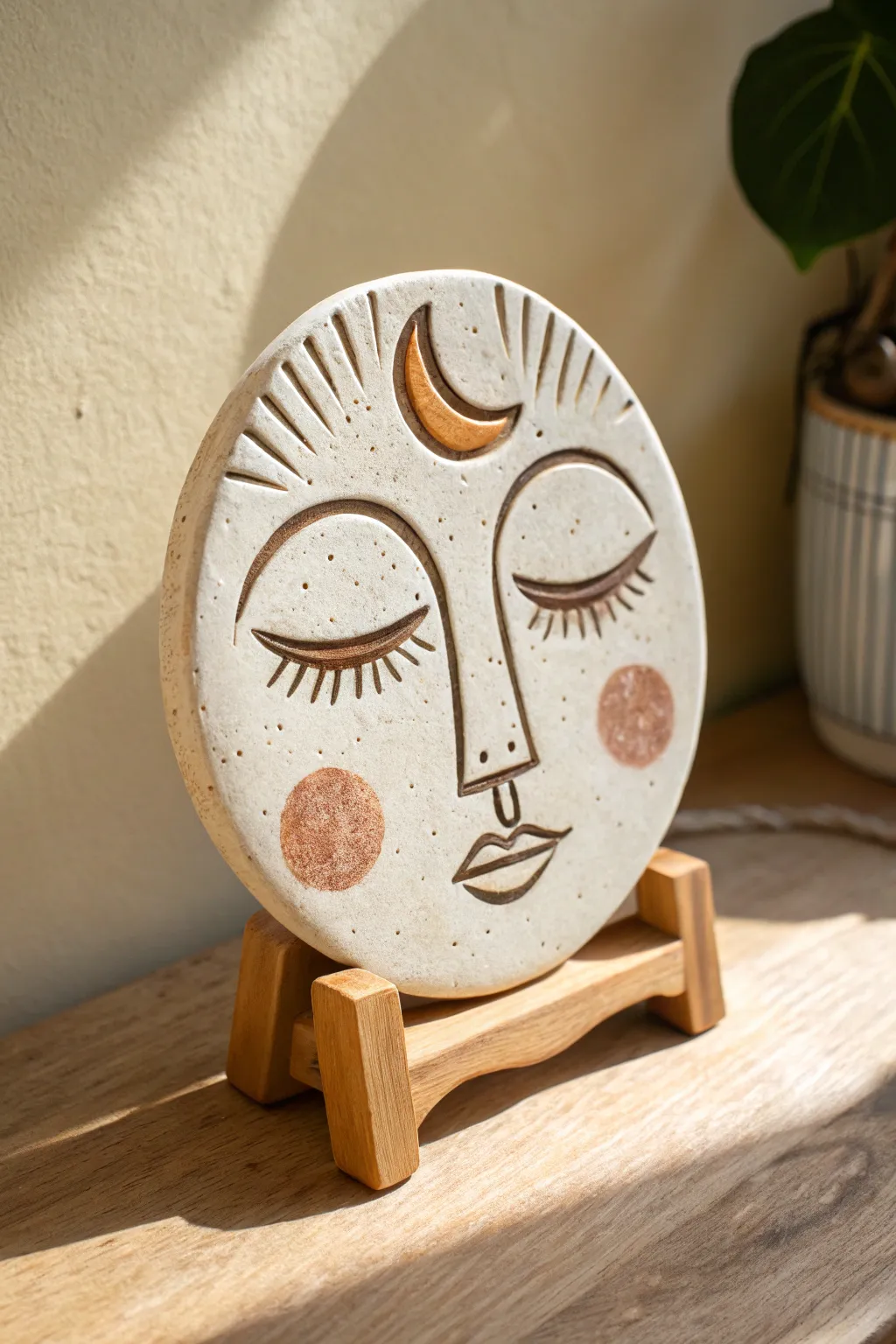 Easy clay face plaque with bold nose and brows, minimalist and softly textured for any shelf
