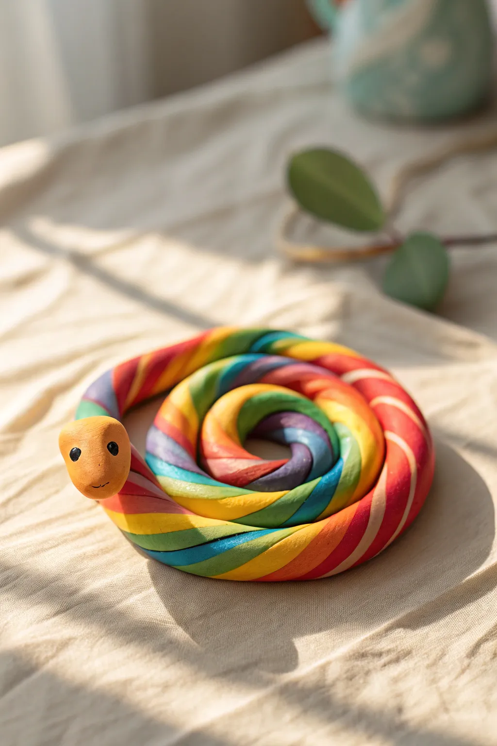 Rainbow clay snake sculpture idea for kids, simple coiled twist with cute dot eyes