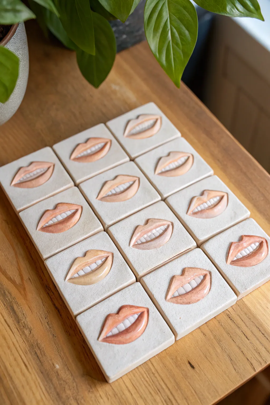 Playful clay mouth study tiles in a clean grid, perfect for middle school expression projects.