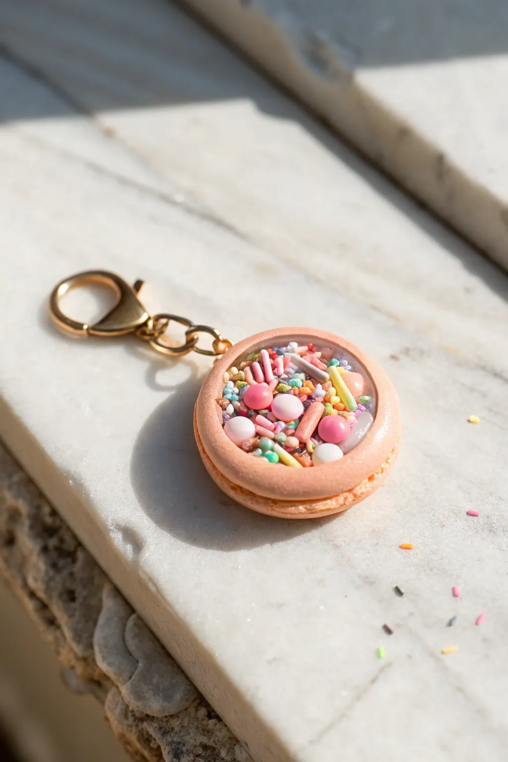 Candy sprinkle shaker charm: a tiny rainbow confetti window piece for playful clay projects.