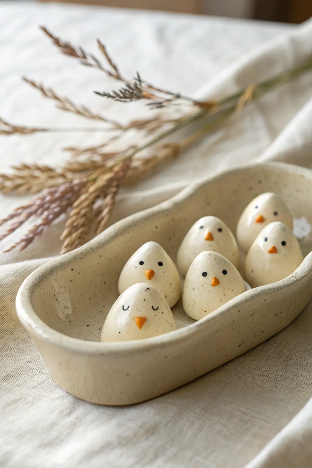 Sweet teardrop clay chicks in a minimalist studio scene, perfect for beginner shape ideas