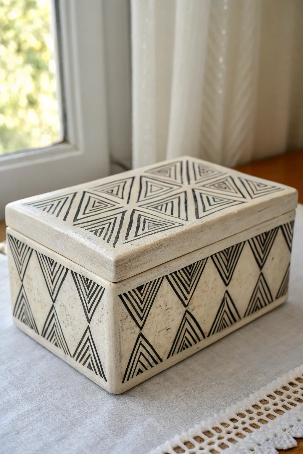 Minimal slab box with bold sgraffito triangles and chevrons, high-contrast carved lines.
