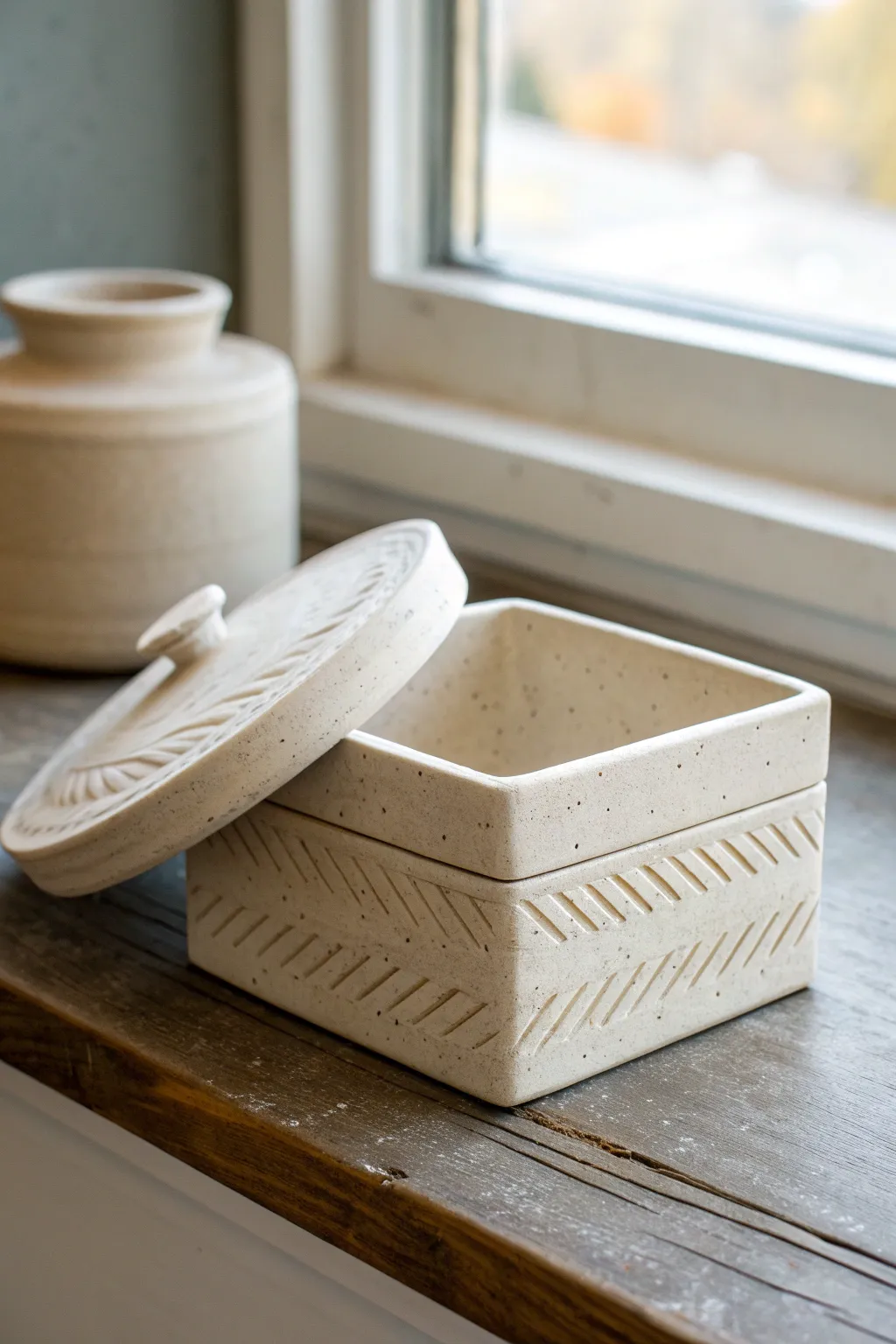 Minimalist lidded slab keepsake box, lid ajar to show fit and subtle carved texture