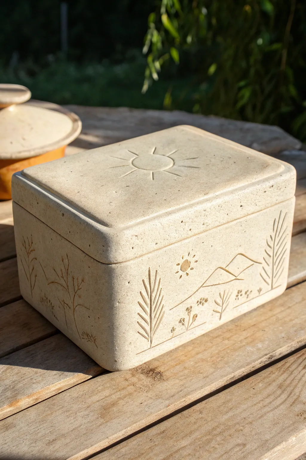 Moody sgraffito story box with simple carved scenes, a minimalist slab container with depth.