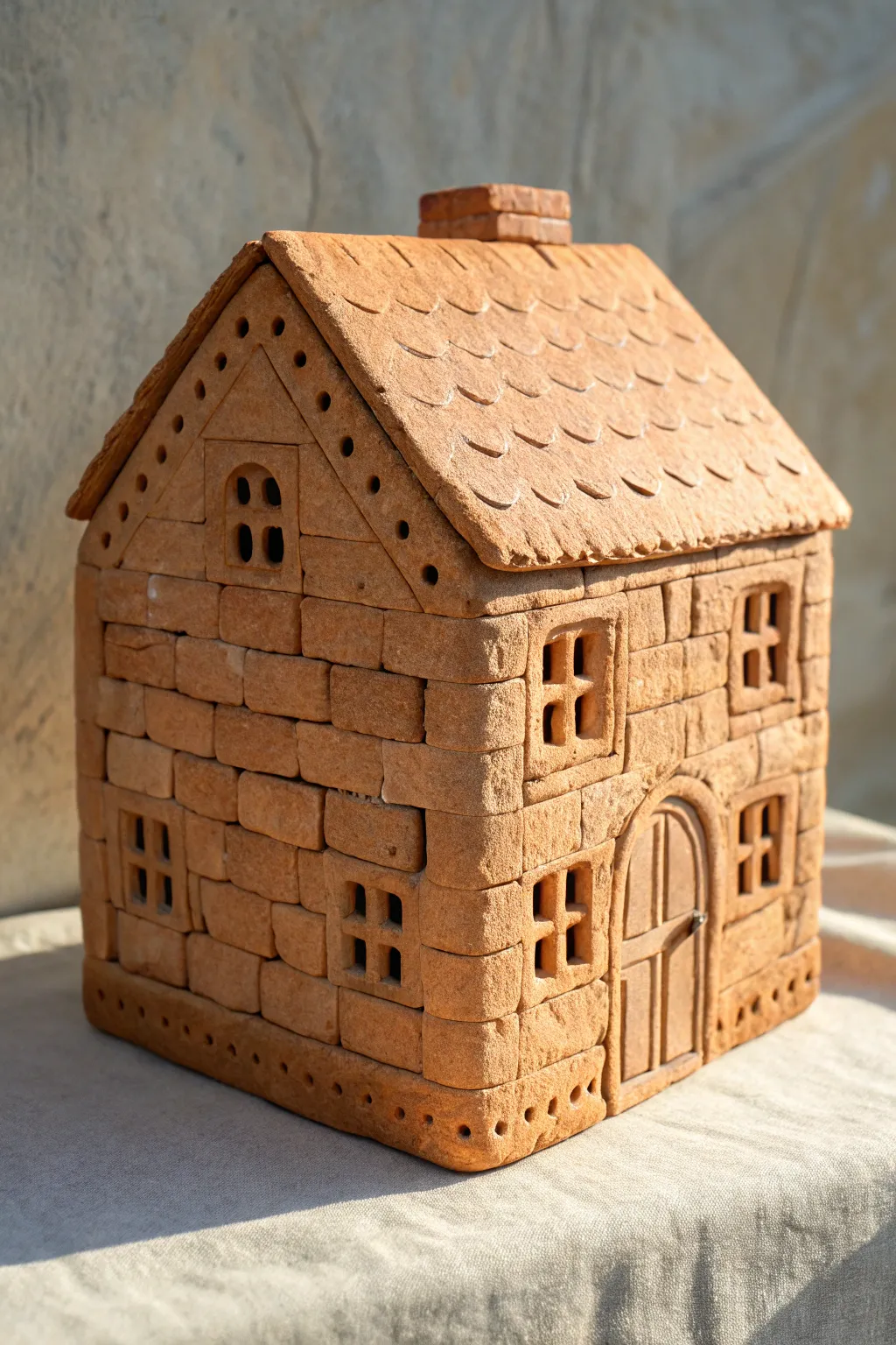 Carved brick facade slab house with a plain pitched roof, minimalist Scandinavian boho style.