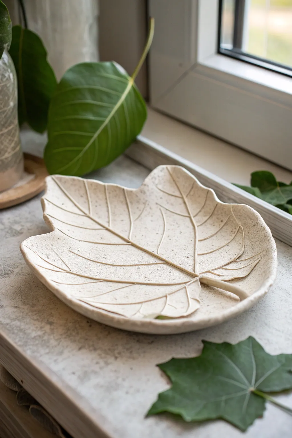 Beginner-friendly leaf slab dish with crisp vein texture and softly lifted edges in calm minimal styling
