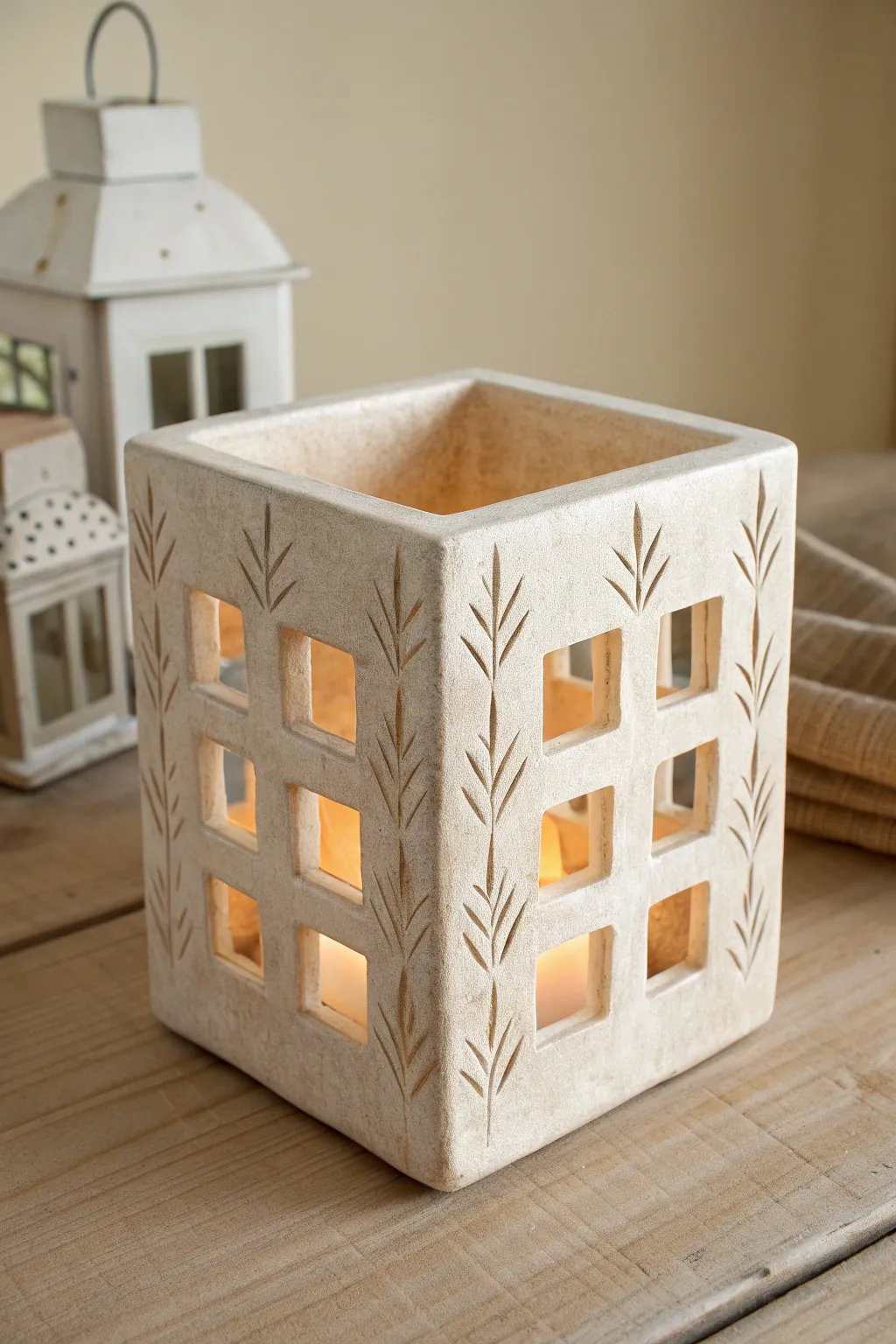 Texture-forward slab lantern with simple cutouts and a warm glow, perfect for cozy minimalist decor.