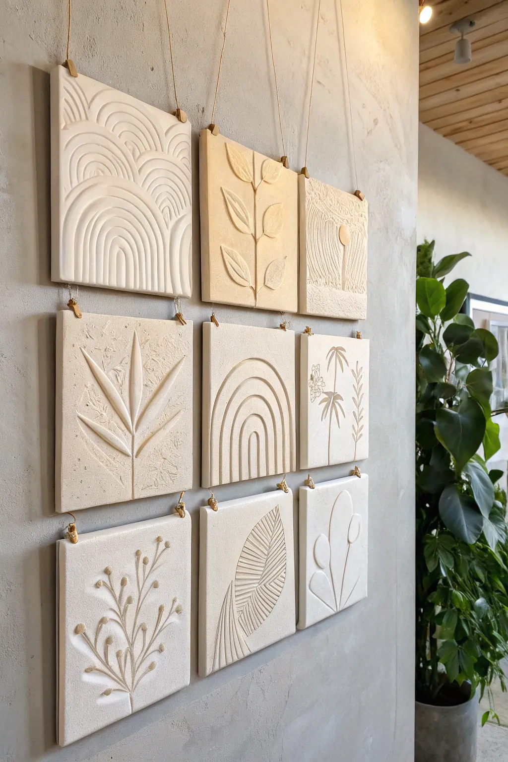 Six handmade slab wall tiles with simple carved lines, minimalist boho mini art panels.