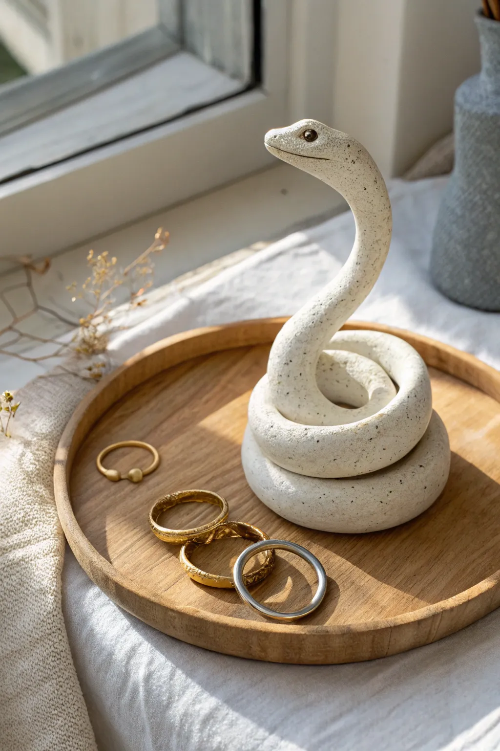 Minimal clay snake ring holder coil, spiraled upright to keep your favorite rings tidy and pretty