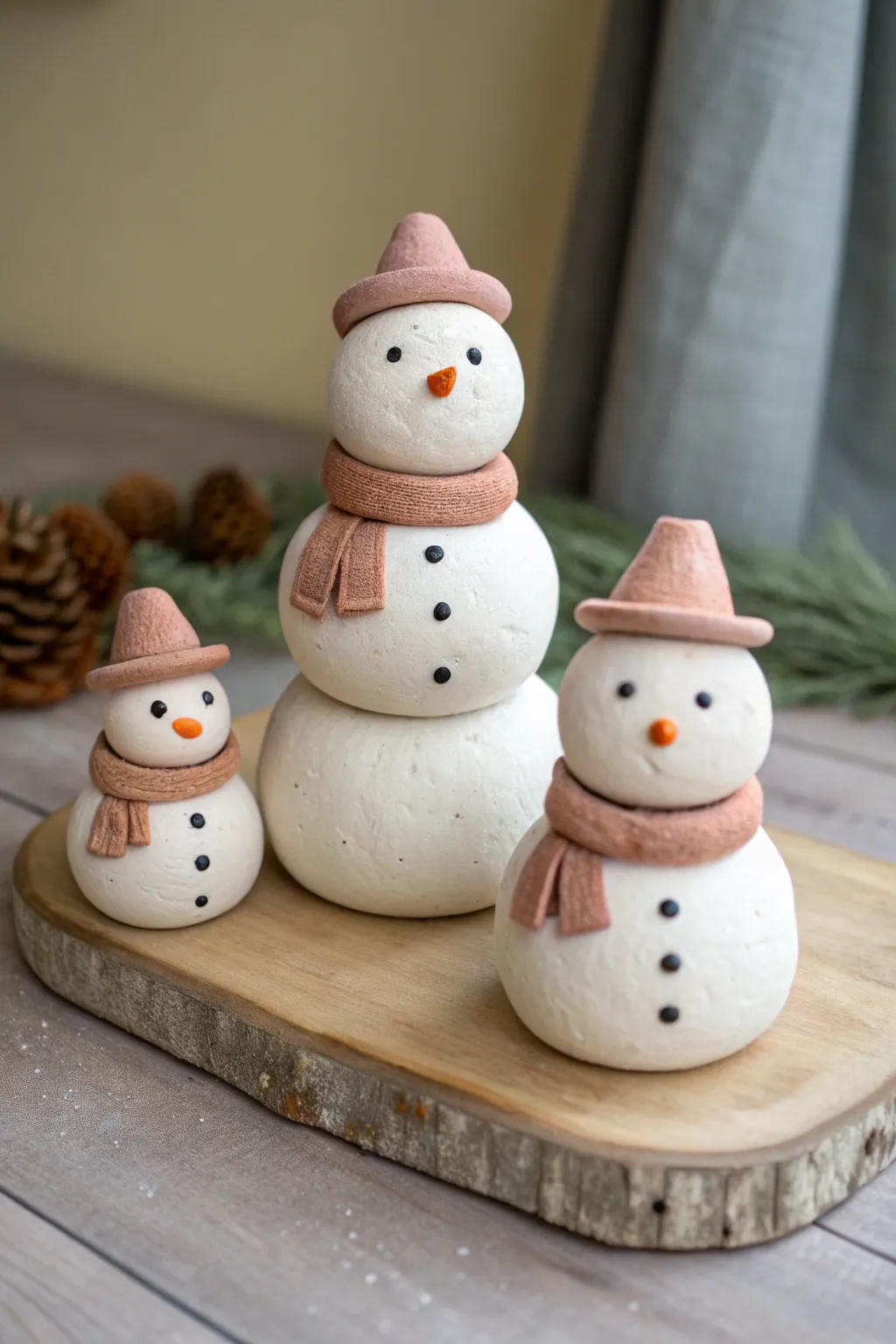 Adorable mini clay snowman family set in minimalist Nordic style, perfect for easy winter decor