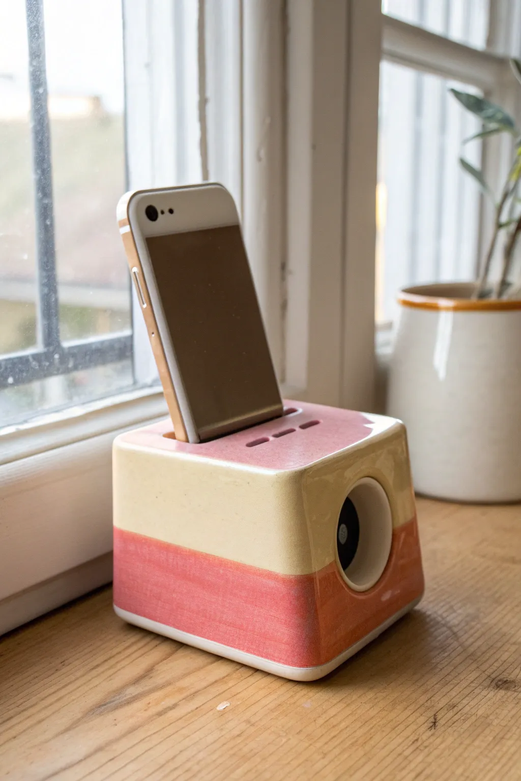 Glossy color-block ceramic phone amplifier with a clean slot and sound port, bright and minimal.