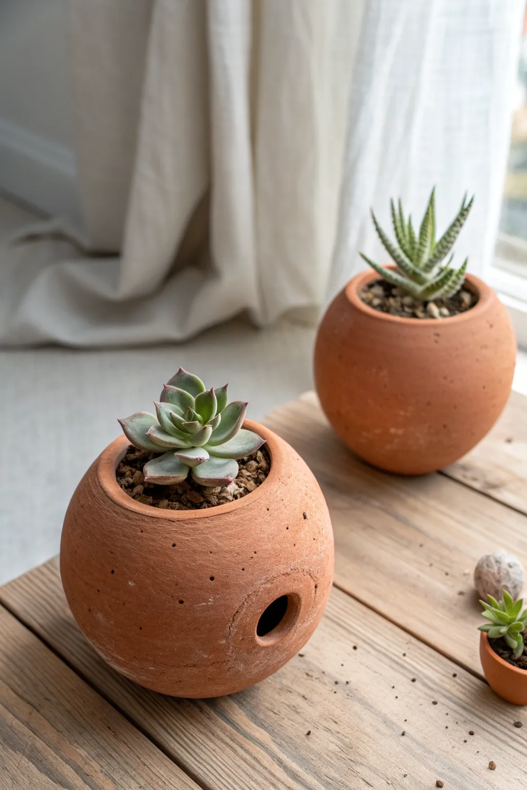 Minimal sphere planter with drain hole, styled in soft Scandinavian neutrals for tiny greens.
