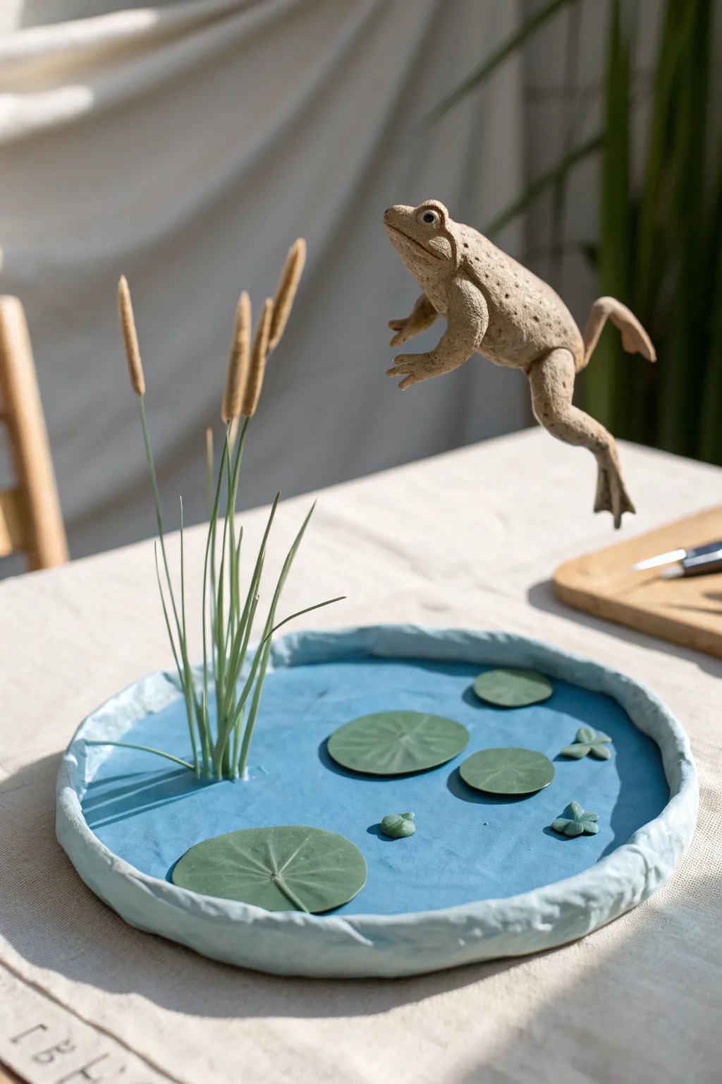 Minimal clay frog mid-leap over a blue pond base, perfect stop motion starter scene.