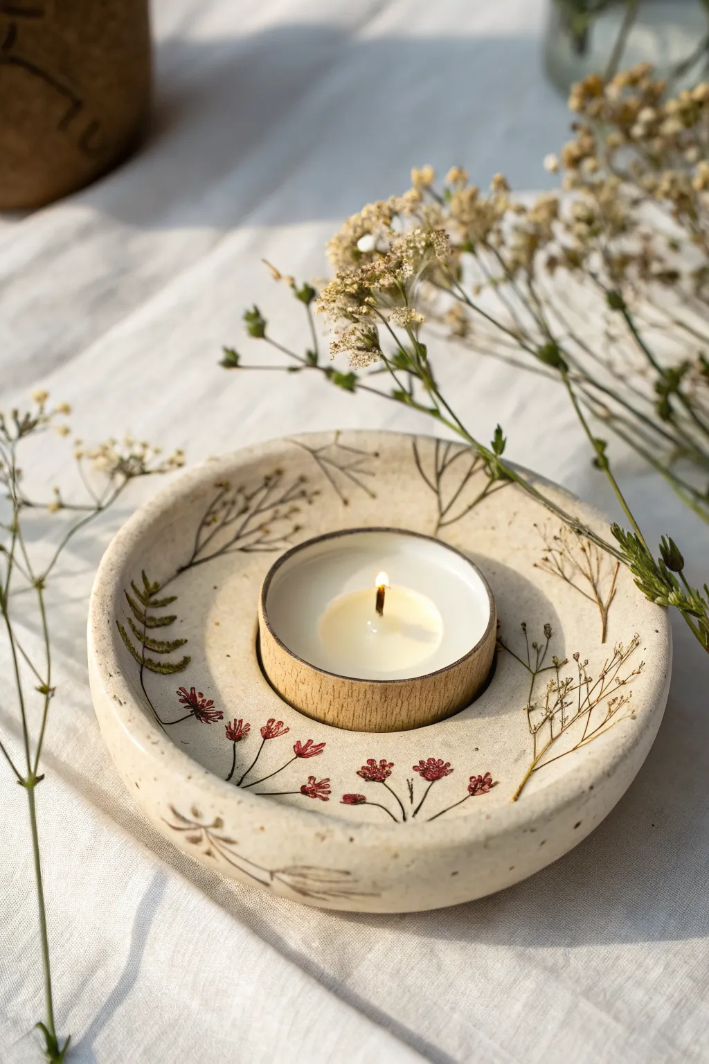 Wildflower pressed clay tea light holder with soft glow, minimalist Scandinavian-boho charm.