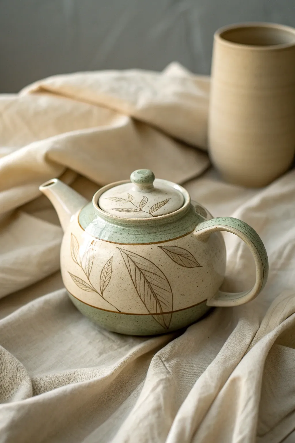 Minimal sgraffito teapot with leafy motif, styled on linen for calm Scandinavian charm