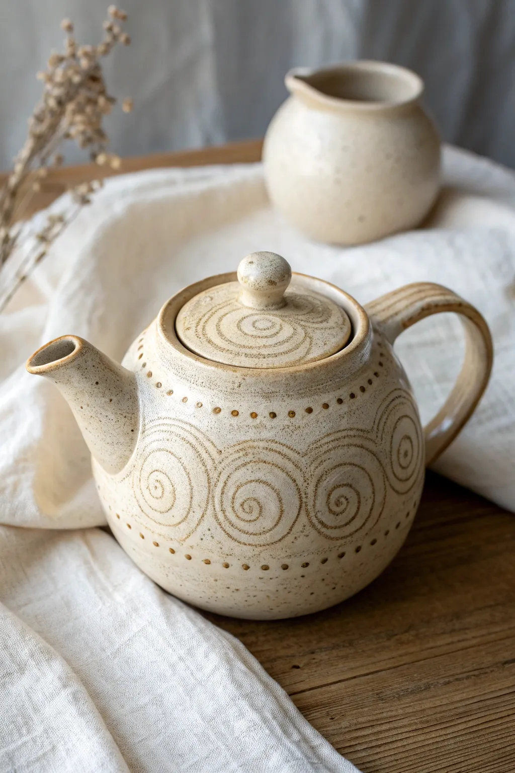 Minimal slip-trailed teapot with raised swirls and dots in a calm two-tone palette
