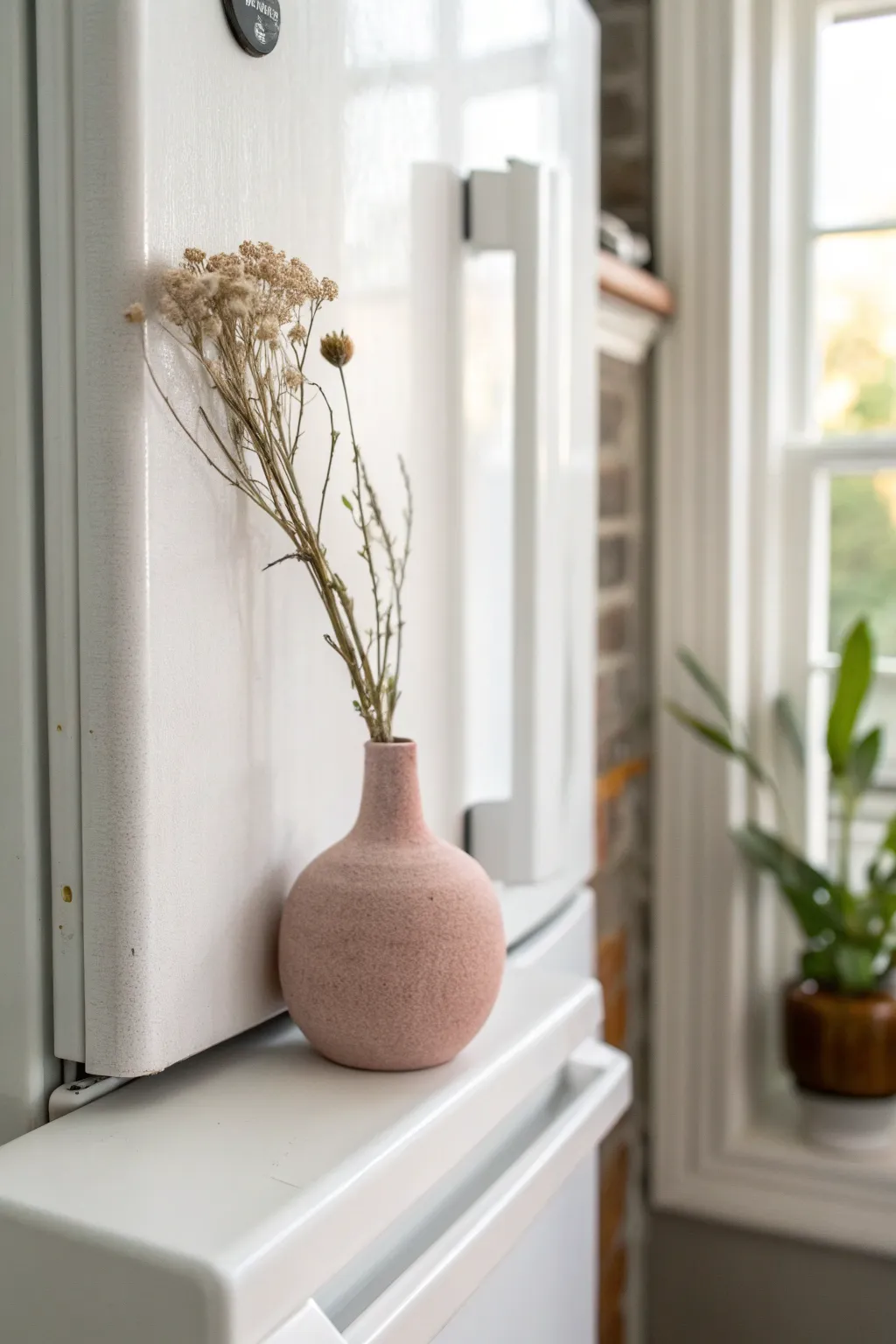 Tiny clay bud vase magnet with a dried sprig, minimalist Scandinavian style with soft boho warmth