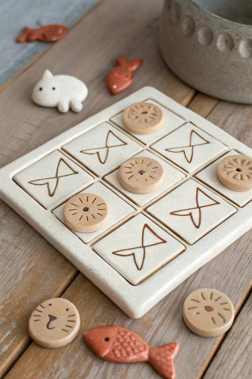 Minimalist clay tic tac toe set: sweet cat faces vs. tiny fish on a clean grid board