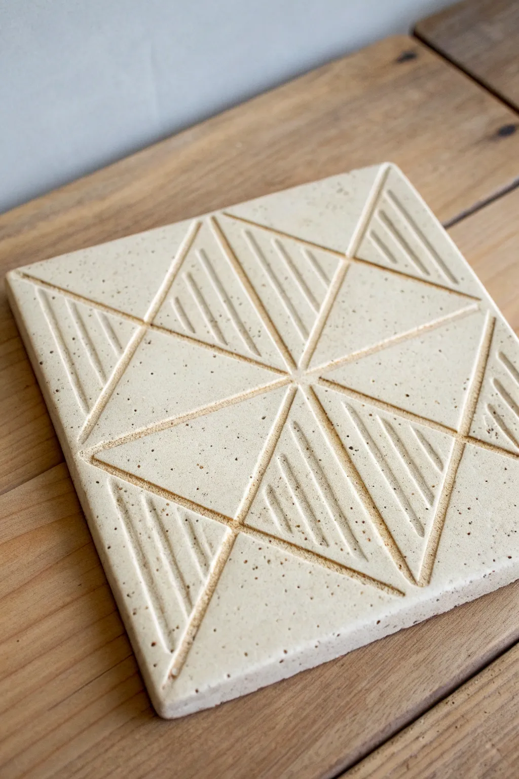 Crisp carved geometric tile with triangles and arcs, minimal design and satisfying contrast