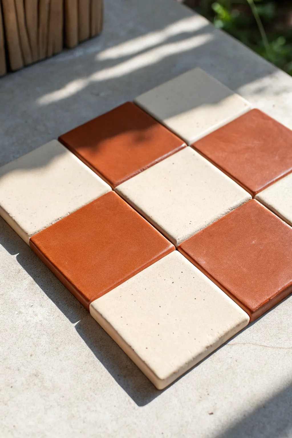 Two-tone checkerboard clay tiles with matte and glossy contrast for an easy bold finish