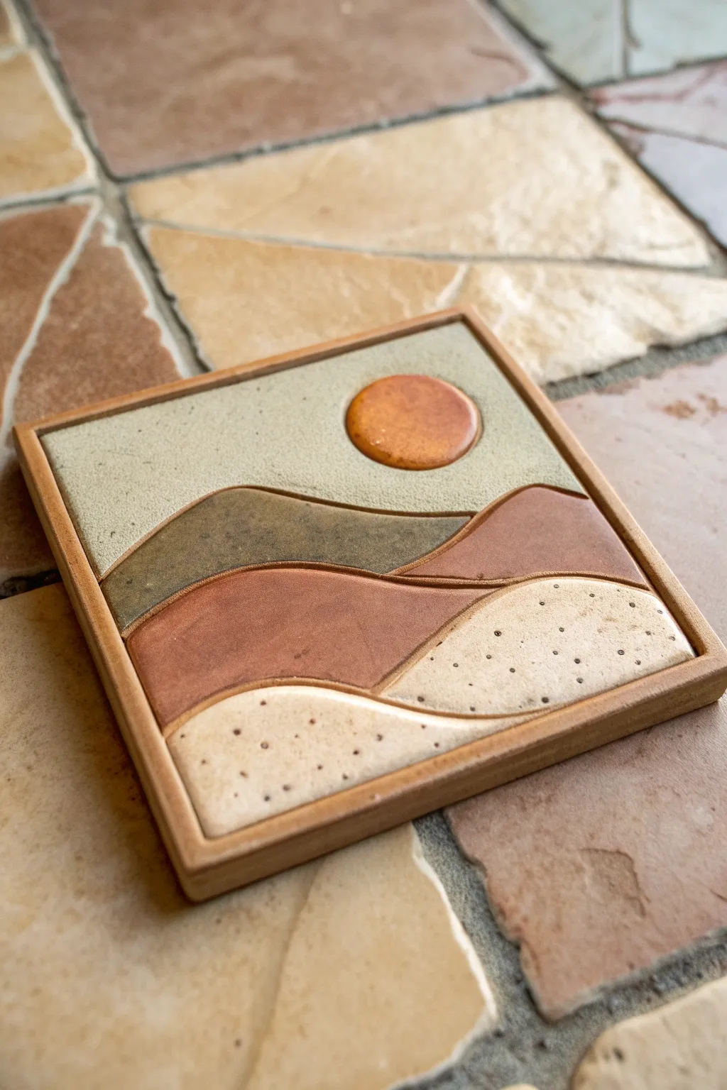Minimal sunrise landscape clay tile with layered bands and soft earthy gradients