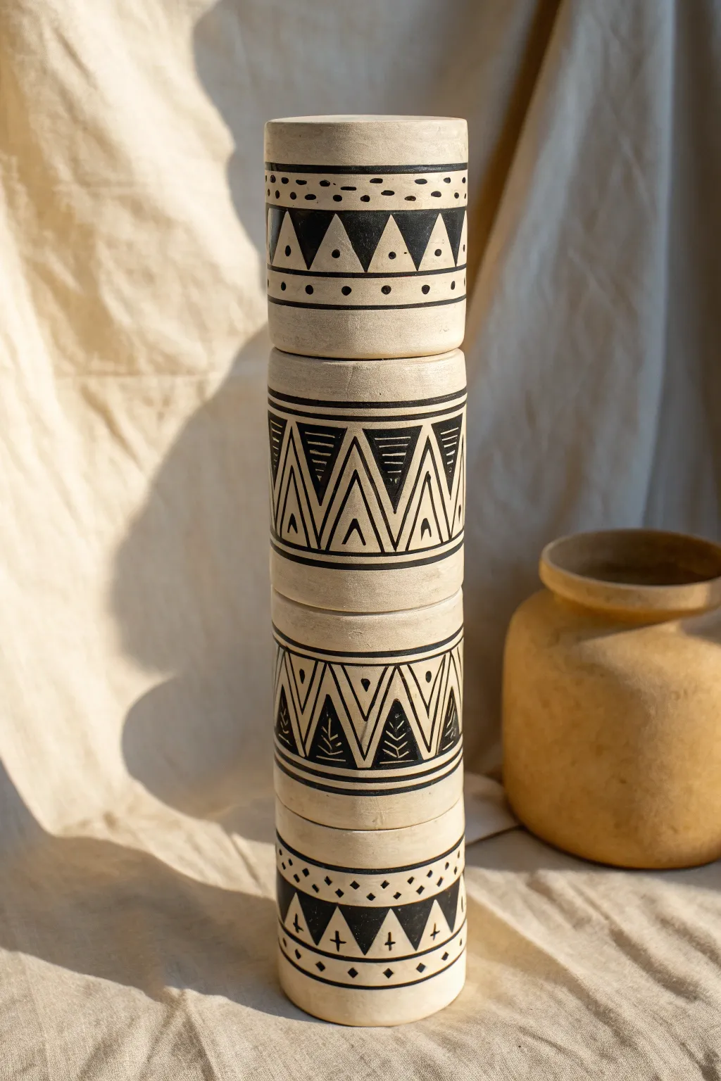 Minimal carved ceramic totem in bold black and ivory glaze, Scandinavian boho statement piece