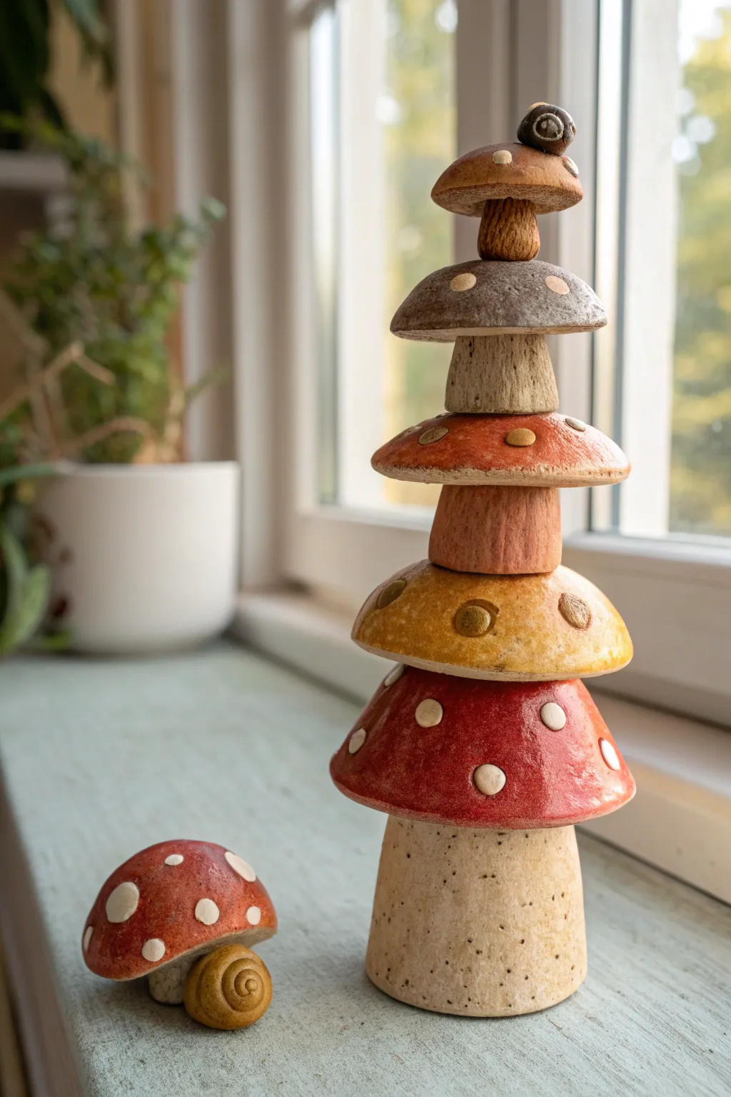 Cozy mushroom woodland clay totem pole with earthy glazes and a tiny snail detail