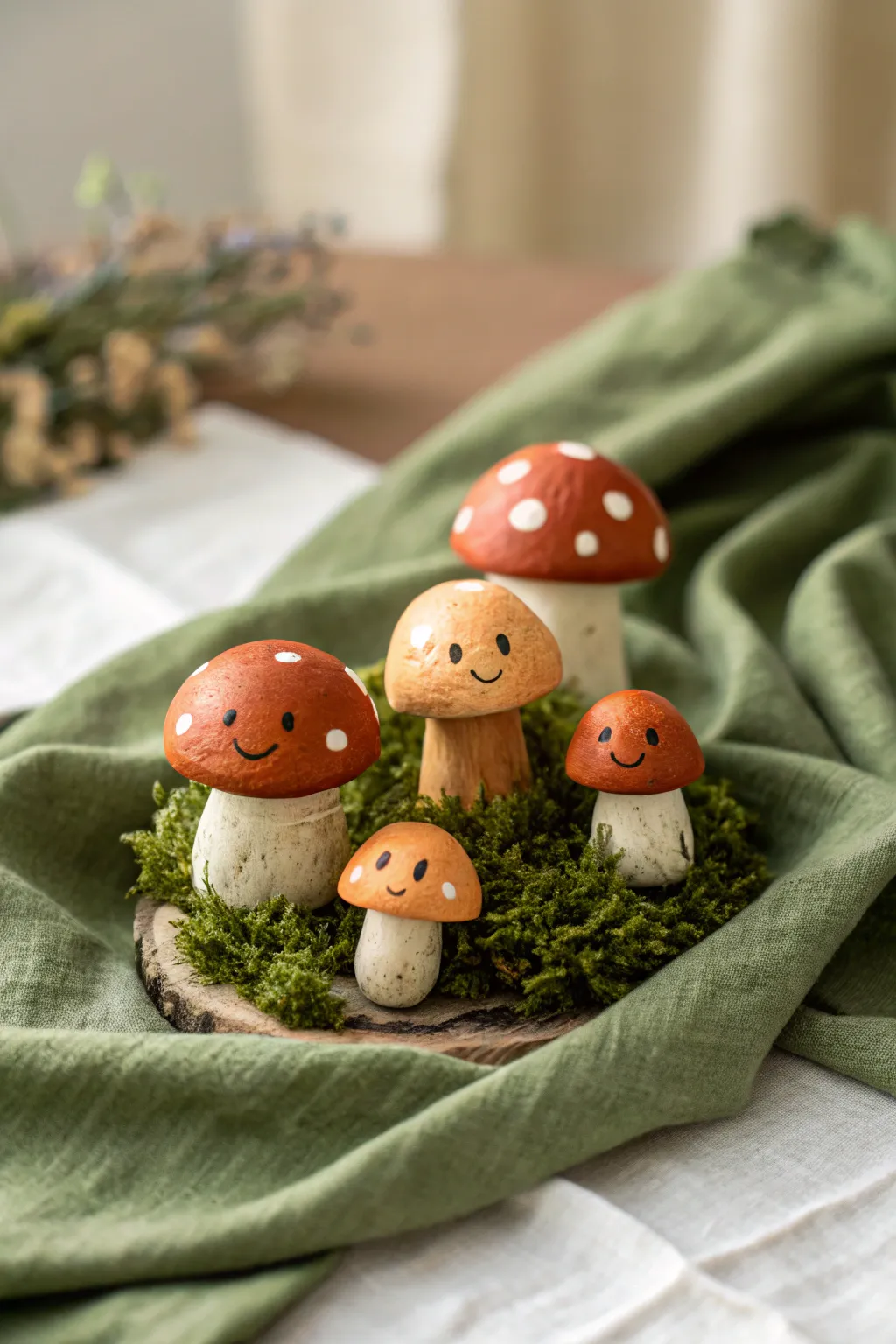 Cottagecore clay mushroom minis in earthy reds and creams, styled on mossy green linen.