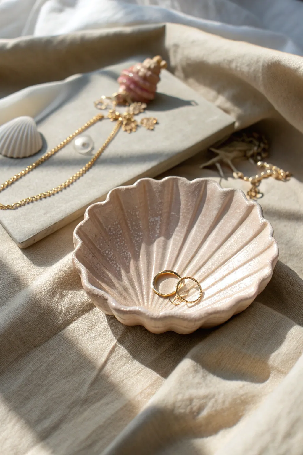 Scallop shell trinket dish with pearly glaze, styled on warm linen with a ring and chain