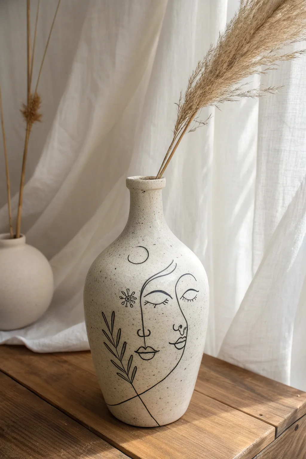 Calm minimalist face vase with a single tall stem, a simple clay decoration idea to try.