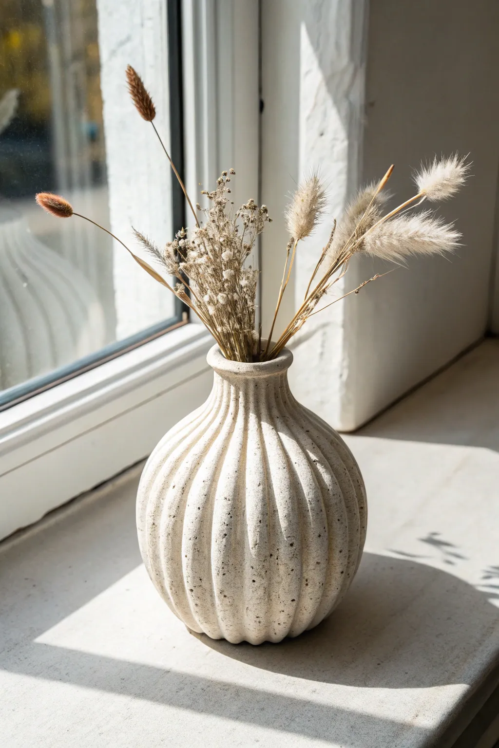 Fluted scallop clay vase with dried flowers, minimalist styling and warm natural light