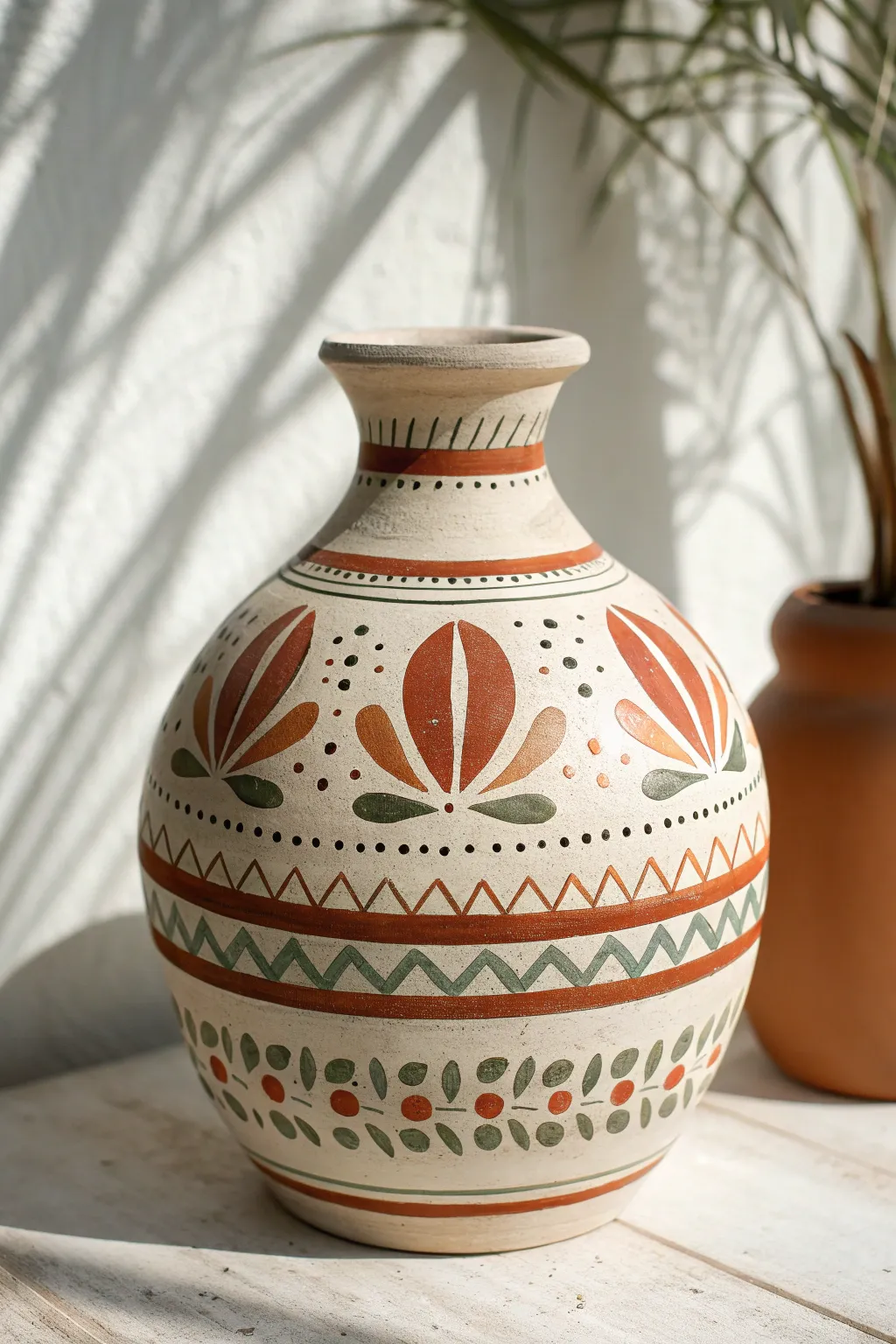 Bold folk pattern bands in warm earthy tones on a minimalist painted clay vase