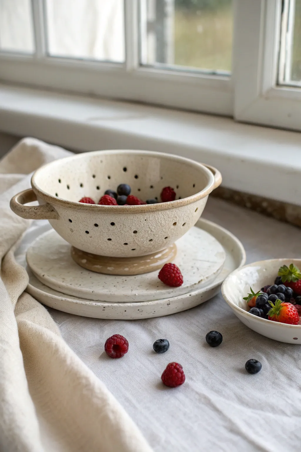 Minimal wheel-thrown berry bowl with drainage holes and catch plate, styled with fresh berries