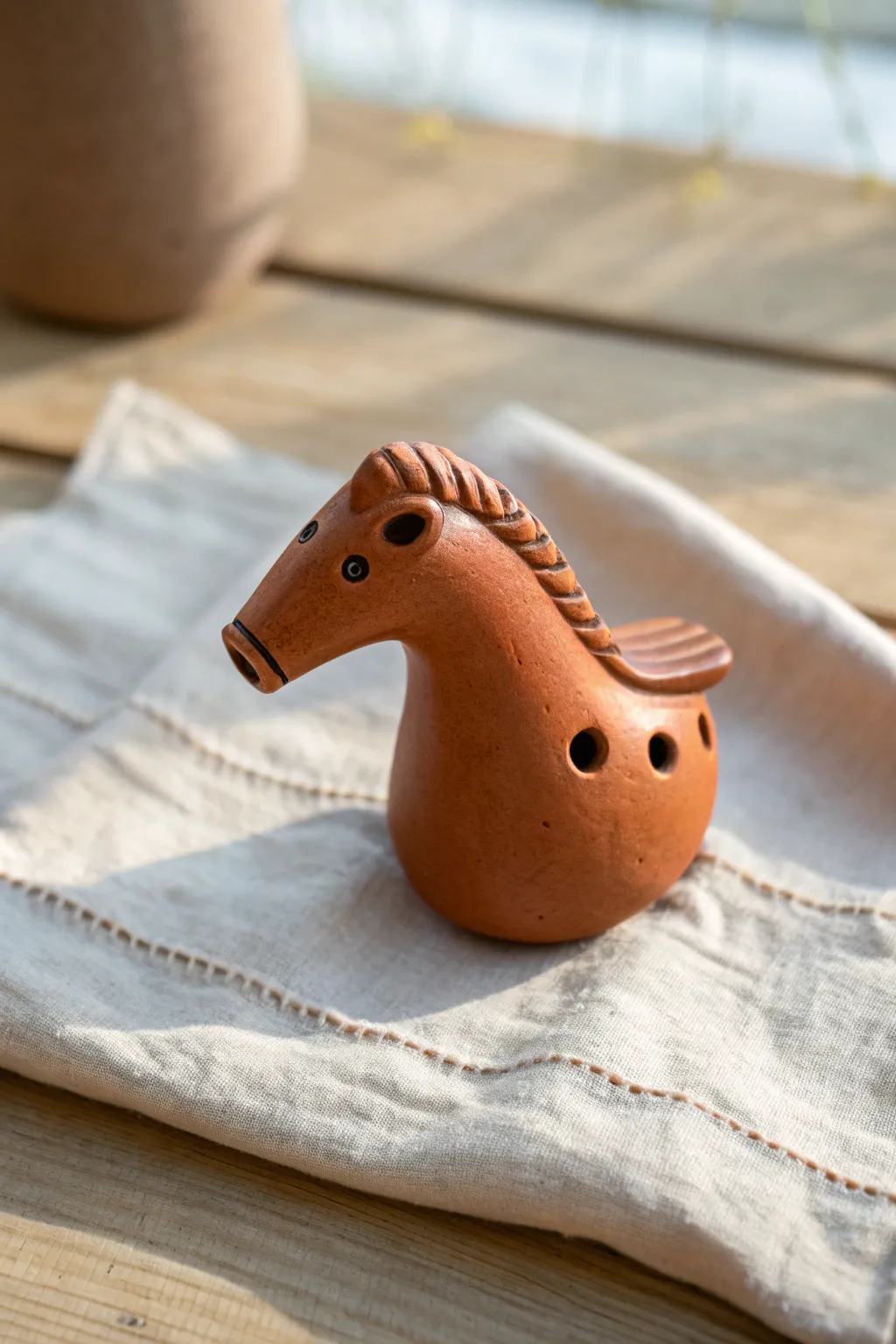 Easy horse clay whistle with simple textured mane, styled in soft Scandinavian minimalism
