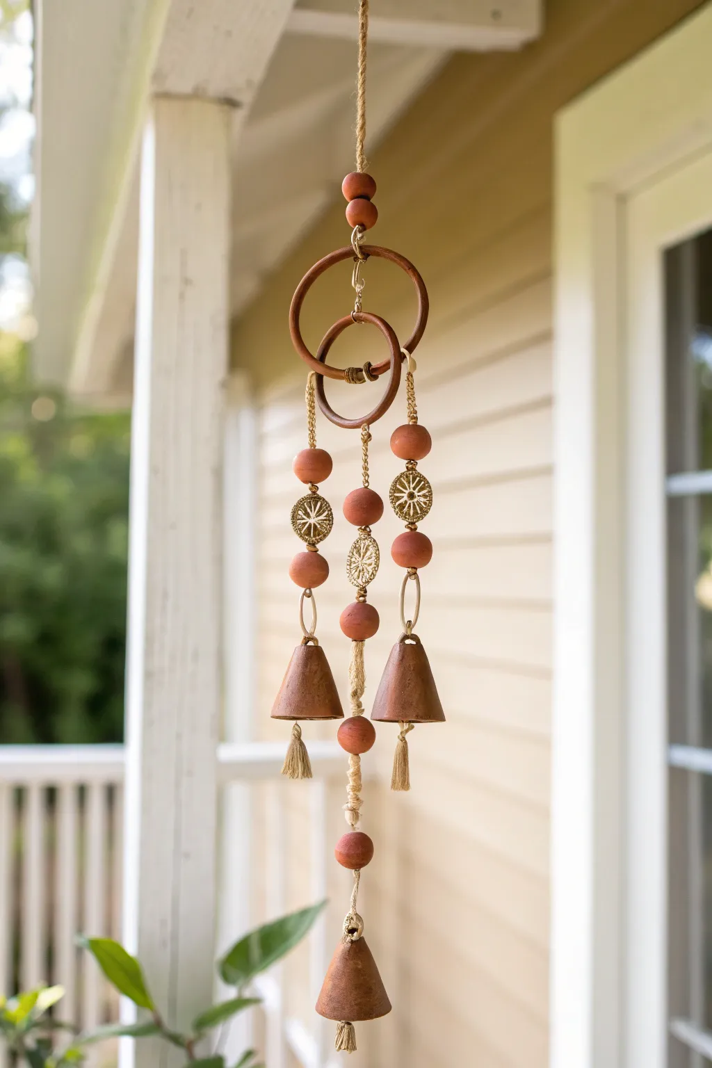 Minimal clay and brass ring wind chime glowing in warm porch light, simple and handcrafted