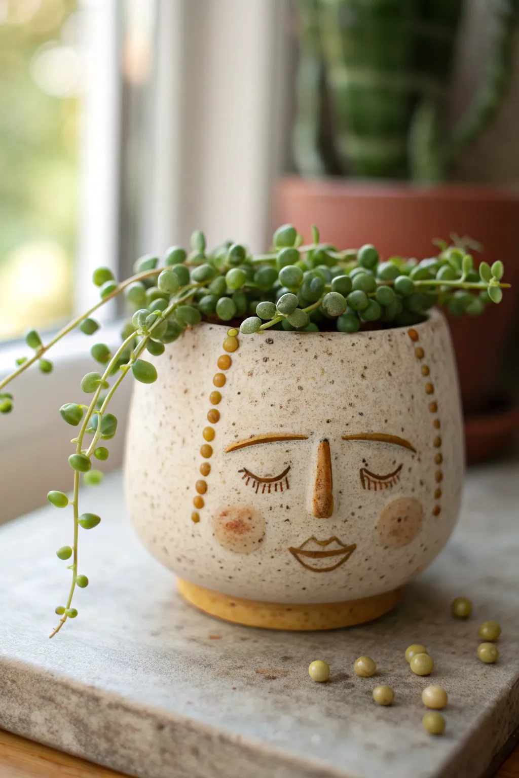 A charming DIY face planter with leafy hair—minimal, cozy, and full of handmade character.