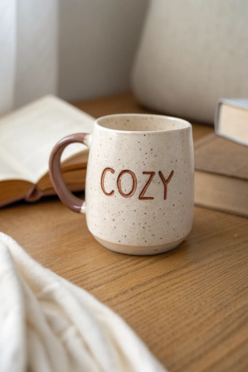 Minimalist handmade mug with outward-facing bold typography, styled for cozy coffee moments.