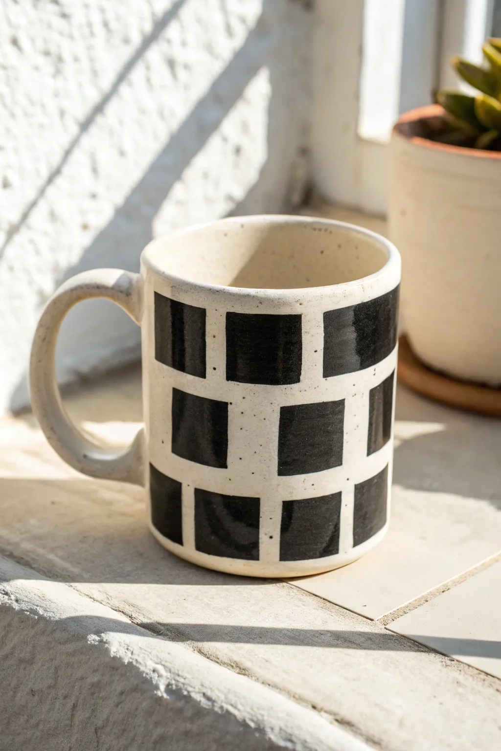 Bold black-and-white blocks turn a simple handmade mug into modern graphic pottery.