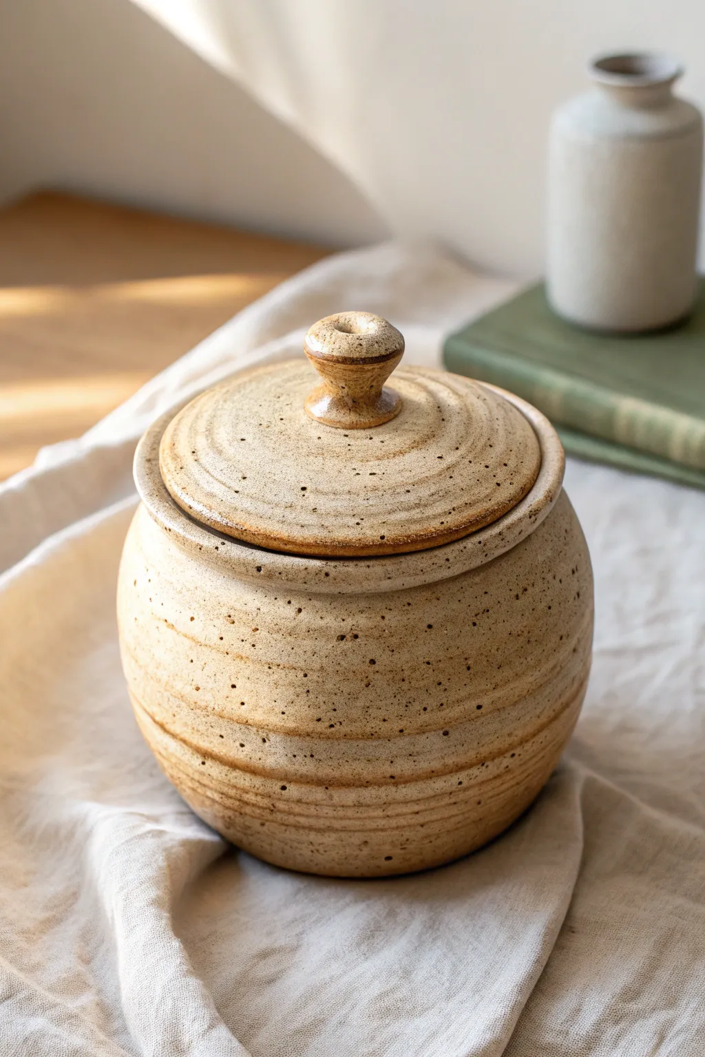 Beginner-friendly lidded coil jar with a neat seated lid and simple knob, calm minimalist style