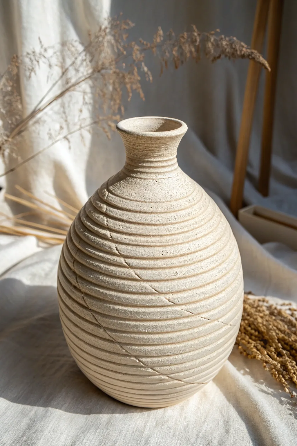Wave-wrapped coil vase with applied coils and a matte glaze for soft, sculptural shadows.