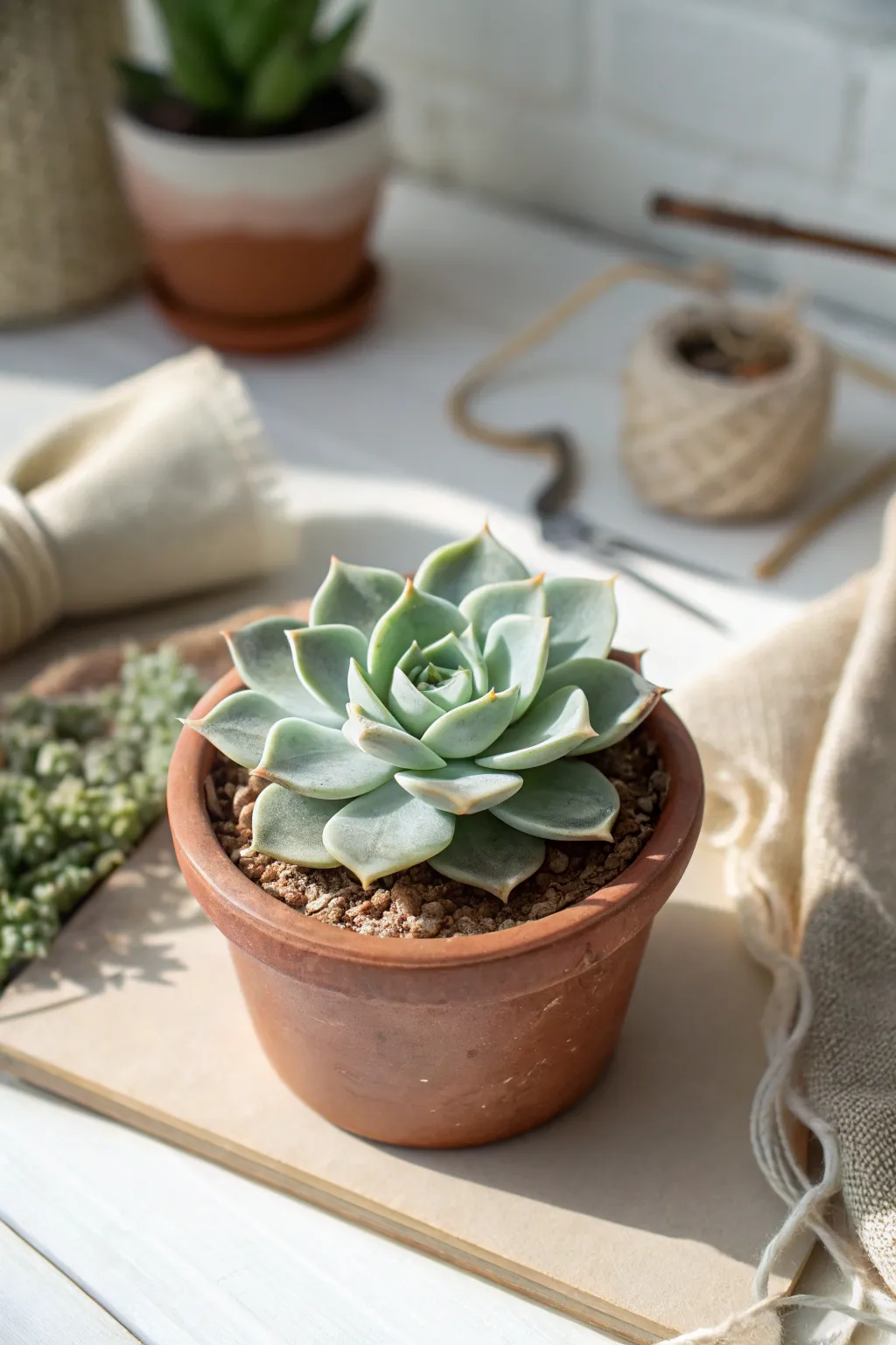 Mini cold porcelain succulent in a tiny pot, matte greens for calm Scandinavian desk decor.
